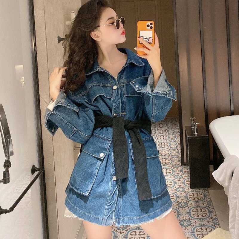 2020 весенние корейские повседневные синие джинсовые пальто куртки женские с