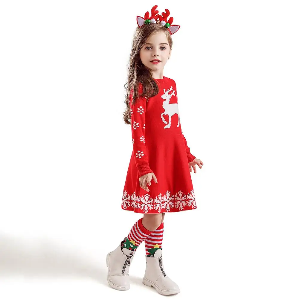 Рождественское платье для девочек с рисунком оленя; красная Новогодняя одежда со снежинками; зимняя повседневная одежда из хлопка с длинными рукавами; детская одежда