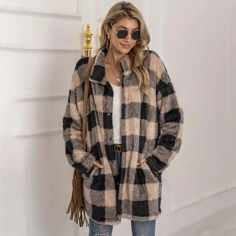 

Autumn Long Faux Fur Coat Women Plaid Jacket Winter Coat Women Long Sleeve Fluffy Teddy Jacket Ladies Warm Plush Jacket Female