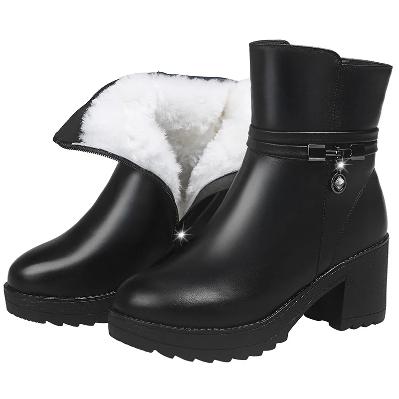 

Women's Winter Anlke Boots 2020 Casual Plus Velvet Thick Warm Snow Boots Female Leather High Heels Plush Short Boots Shoes