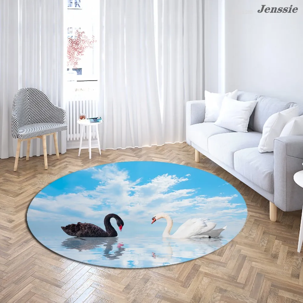 

Black And White Mandarin Duck Swan Round Carpet Modern Home Decor Swan Lake Scenery Floor Rug Bedroom Living Room Anti-slip Mats