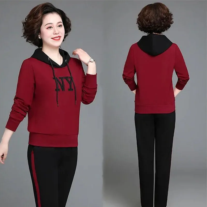 

Casual Letter Print Hooded Tracksuit Women Spring Middle Aged Mom Long Sleeve Sweat Suit Two Piece Set Jogging Sets Loungewear