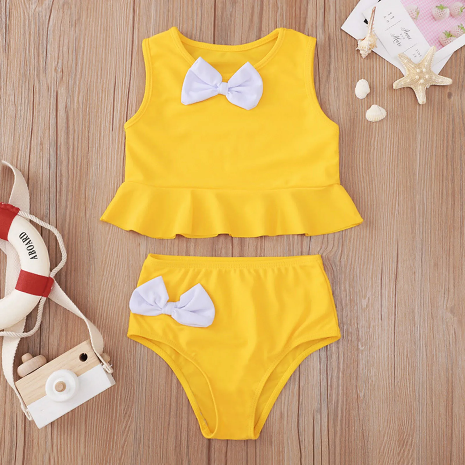 

2PCS Set Infant Baby Girls Swimwear Summer Pure Color Bow Two Piece Swimsuit Sleeveless Halter Swimsuit Summer Bikini Sets