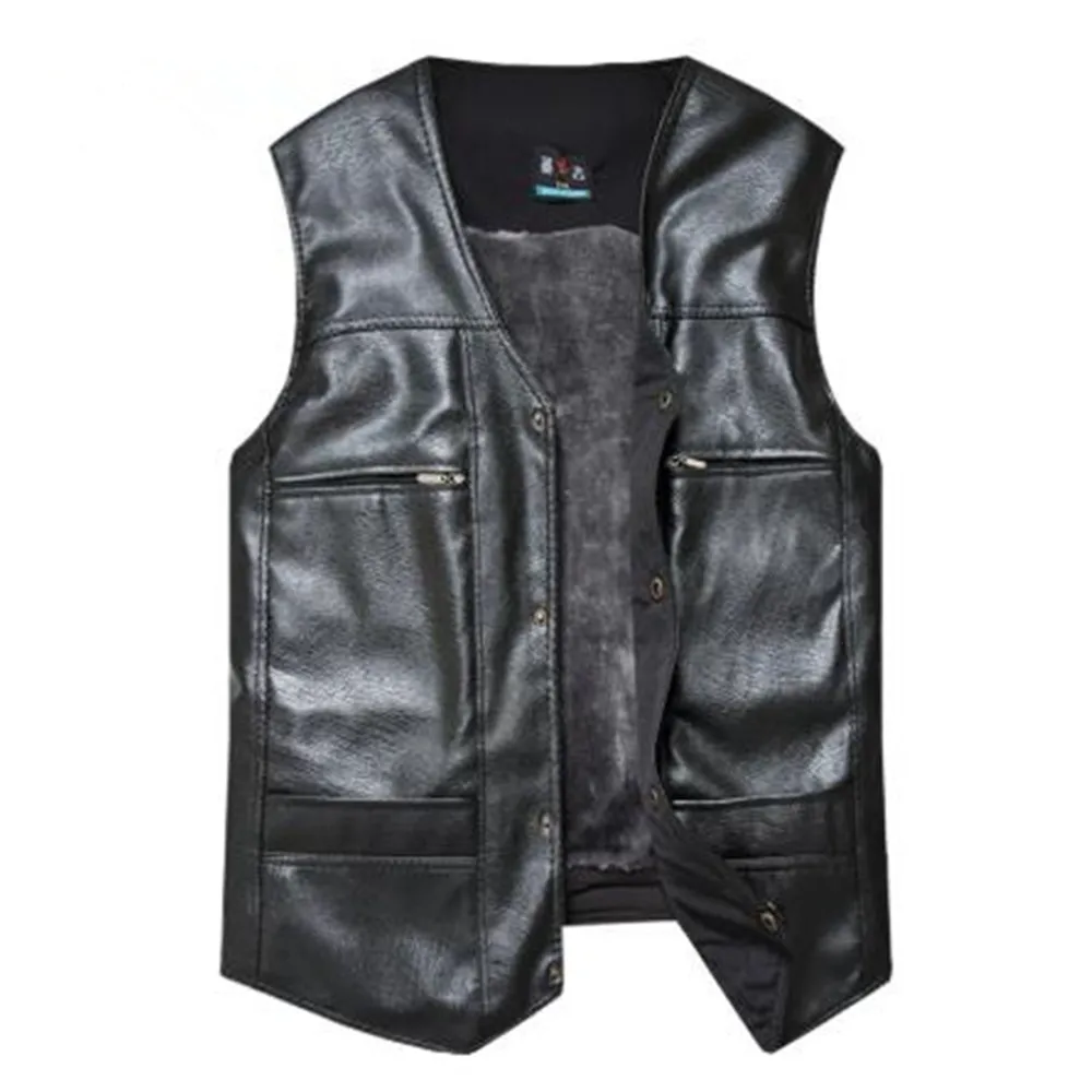 

Man Autumn Hot Sale V-neck Solid Single Breasted Velvet Thick Pu Outerwear Male Winter Hot Sale Warm Cardigan Pu Coat