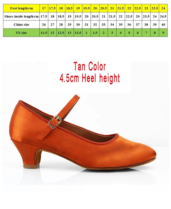 Dark Tan 4.5cm Heel Детская атласная профессиональная танцевальная обувь для латинских танцев; Современная обувь для девочек; Танцевальная обувь на низком каблуке с закрытым носком; обувь для вальса, танго, сальсы - Цвет: Dark Tan 4.5cm Heel