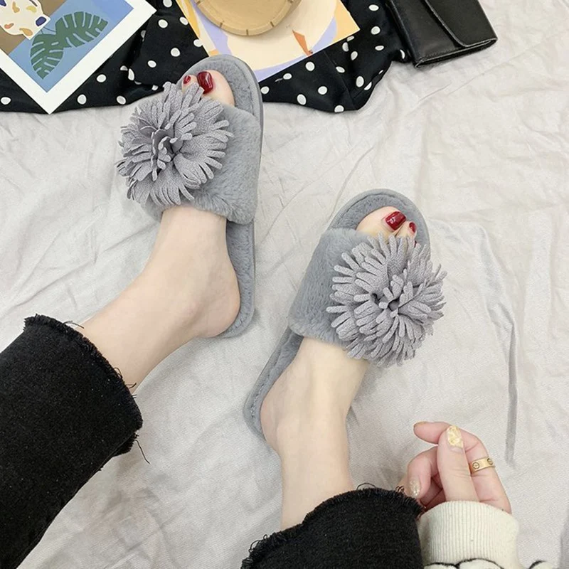 

Women Solid Flower Furry Fur Slides Slippers Comfy Winter Indoor Open Toe Pantuflas Appliquse Floral Plus Size 36-41