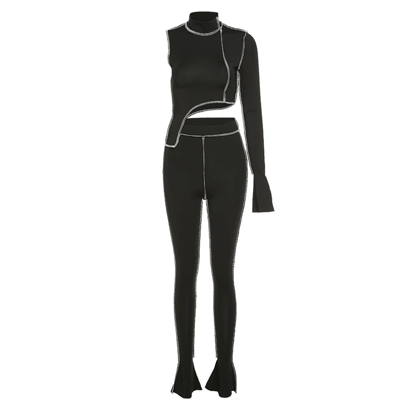 

Sexy 2 Pieces Suit Set Women Sporty Asymmetry One Shoulder Crop Tops High Waist Leggings Striped Patchwork Outfits Skinny