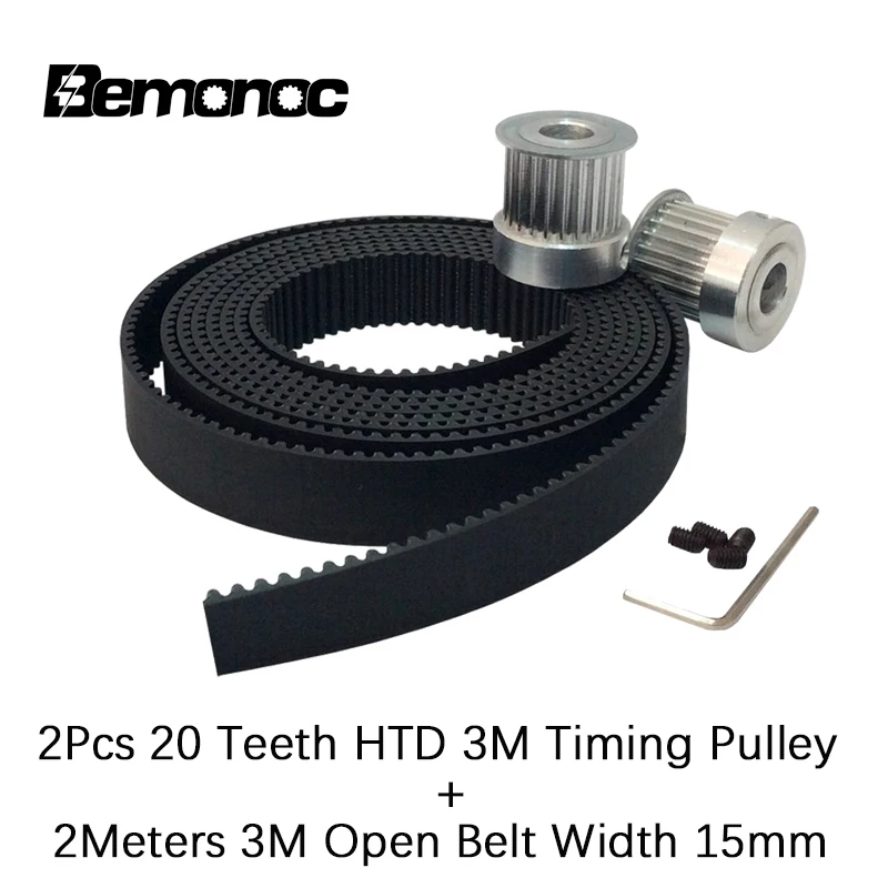 

BEMONOC 2Pcs 20 Teeth HTD 3M Timing Pulley & 2Meters 3M Open Ended Polyurethane PU Timing Belt Width 15mm for CNC Machines