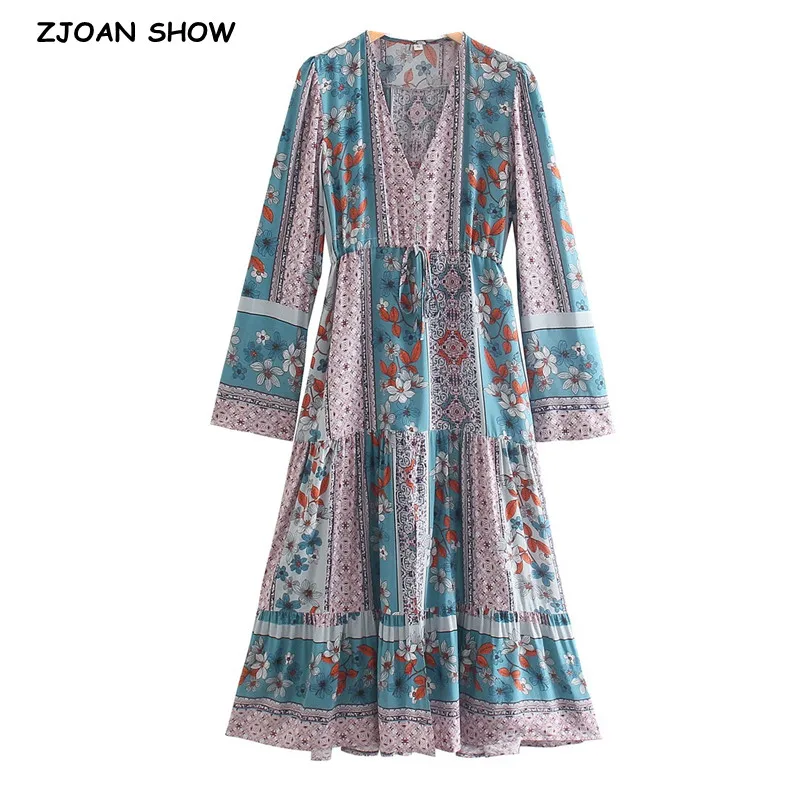 

2021 Bohemia V neck Multicolor Floral Print Long Sleeve Dress BOHO Woman Bow Strappy Lacing up Waist Midi Dresses Holiday Robe