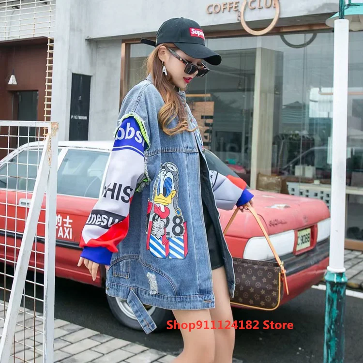 

EuropeanStation Tide Brand Heavy Industry Bead Printing Denim Jacket Female Spring Stitching Large Size Medium and Long Cardigan