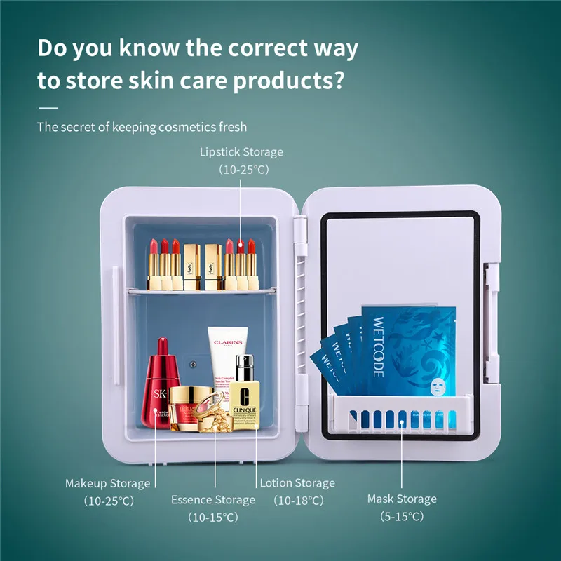 저렴한 CkeyiN 4L 미니 뷰티 냉장고 메이크업 냉장고 화장품 페이스 마스크 스킨 케어 제품 LED 메이크업 미러, 가정용 자동차 냉동고