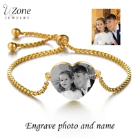 uzone custom engraved photo name heart bracelet for women adjustable stainless steel personalized bracelet birthday party gift