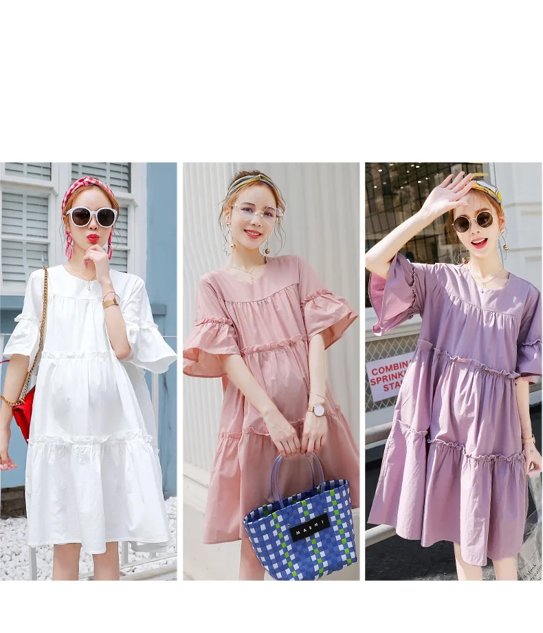 Maternity Summer New Korean Loose Cotton Fungus Round Neck Short Sleeve Mid-length Solid Color Dress | Мать и ребенок