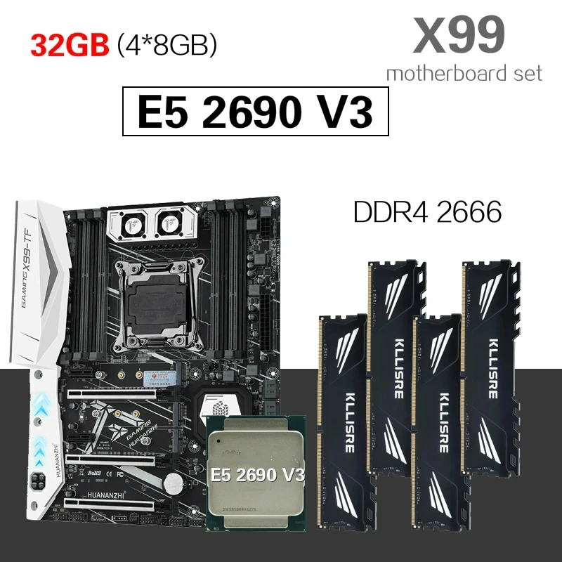 Комплект материнской платы HUANANZHI X99 с Xeon E5 2690 V3 4 шт. 8 ГБ = 32 Гб 2666 МГц DDR4 память для