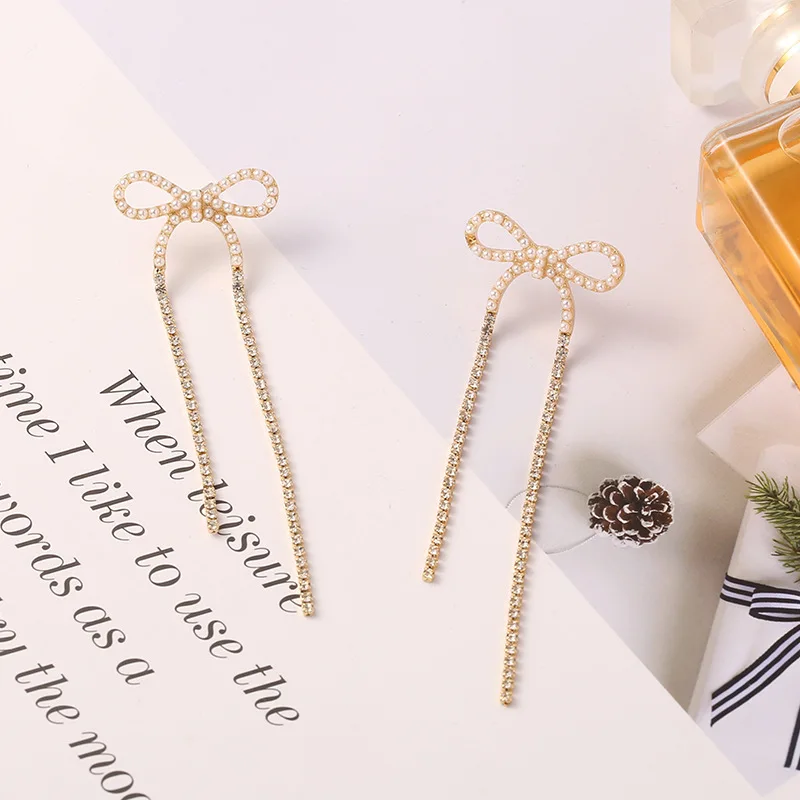

Simulated Pearls Bow Rhinestone Long Tassel Drop Earrings Korean Trend Elegant Fashion Earrings Wedding Brides Jewelry Gift