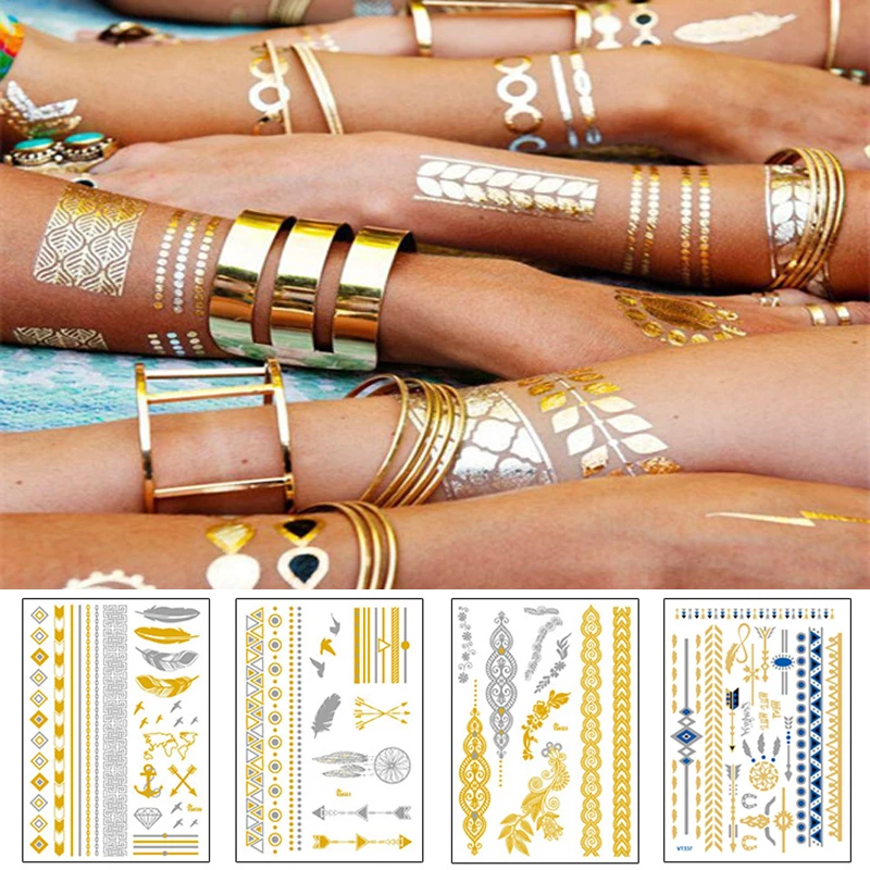 Временные татуировки бронзовые золотые серебряные на руку тело крутой браслет