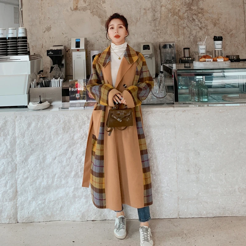 

2020 New Winter Plaid Double-Sided Cashmere Coat Women Splice Loose Double Breasted Fashion Lapel Long Woolen Overcoat Abrigos