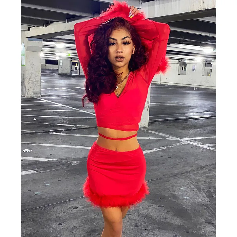 

Sexy Lace Up Feathers Two Piece Vacation Outfits for 2021 Fashion Women Summer Flare Crop Top Mini Skirts Matching Sets