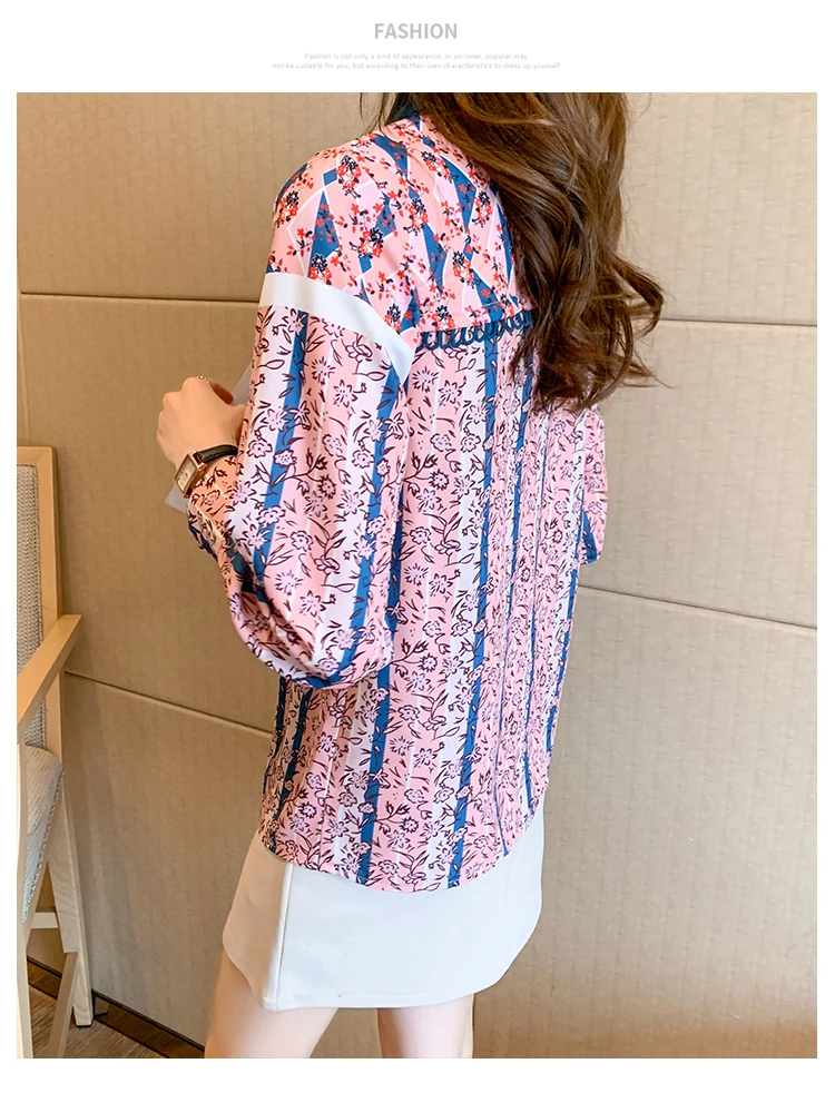 

Houthion New Long-sleeved Women's Blouse Lapel Bow Casual Fashion Top Printing Splicing Blouses Comfortable Chiffon Shirt