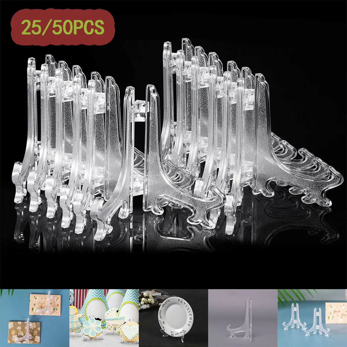 25/50Pcs Clear Plastic Easels or Stand/Plate Holders to Display Pictures or Other Items at Weddings, Home Decoration, Birthdays
