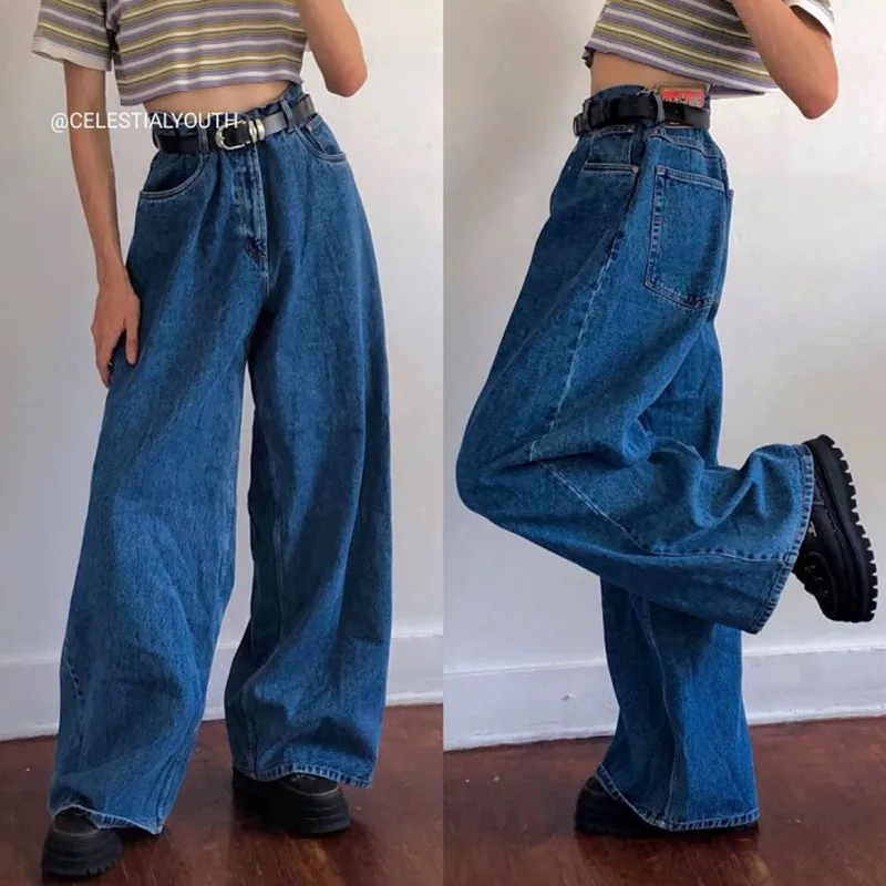 

2021Jeans Women Loose High Waist Straight High Waist Pants Solid Color Wide Legs Retro Loose Women's Denim Trousers Thin Section