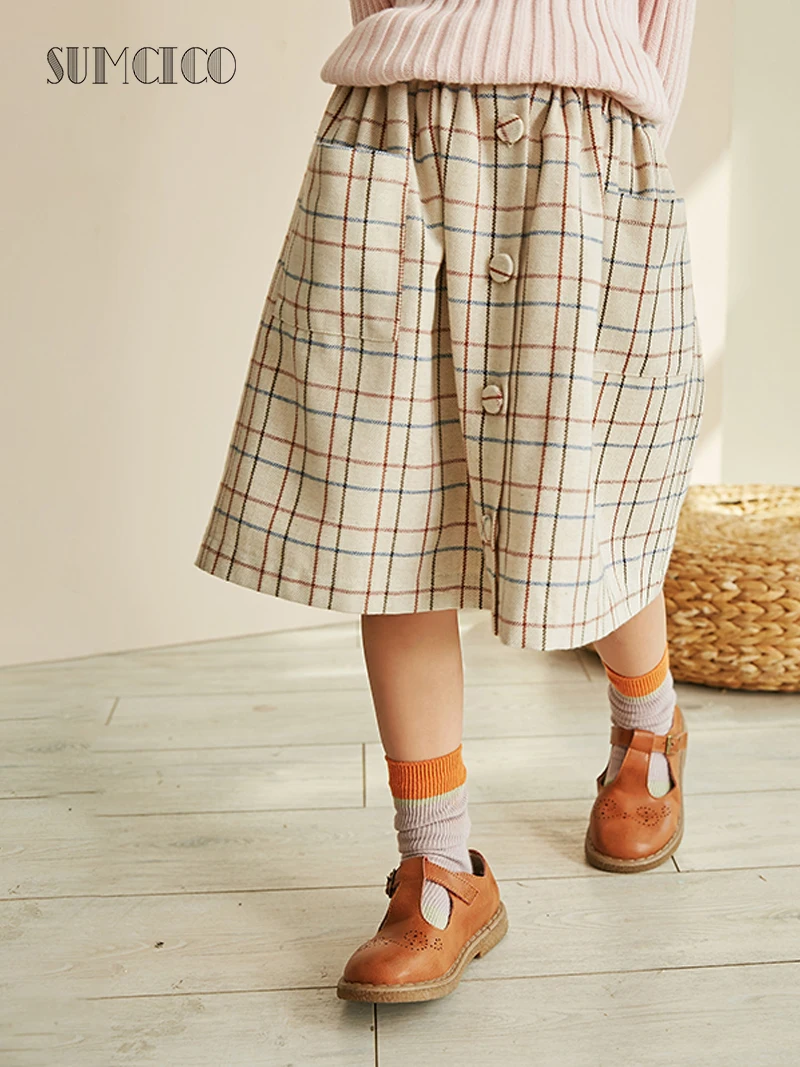 Sumcico 2020ss/fw Latest Girls Woolen Skirt Soft Warm Cute Style Elastic waist Button Pocket Decoration Dailywear Age2-15Y | Детская