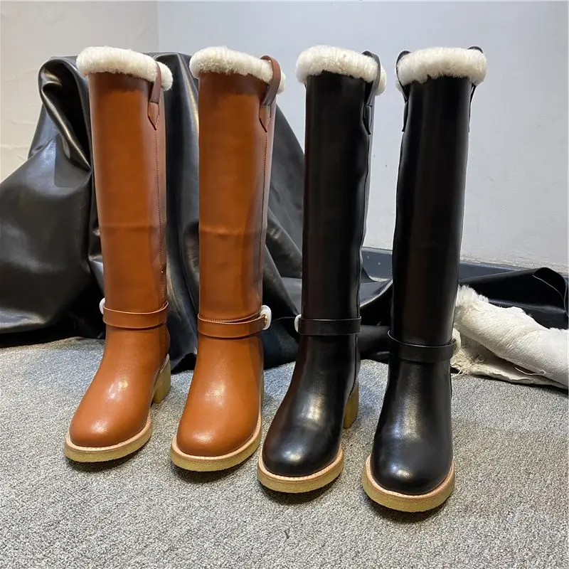 

New Fashion Winter Wool Knee Boots Metal Buckle Low Woman Round Toe Long Snow Boots Chunky Mid Heels Slip-on Leather Fur Knight