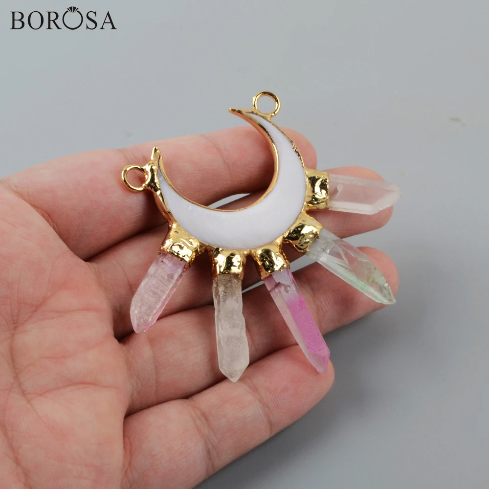 BOROSA двойной рожок белый корпус кулон Золотое покрытие Кристалл кварц точка