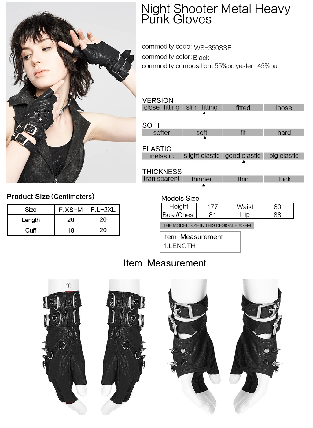 

PUNKRAVE Women's Punk Rock Heavy Metal Spikes Gloves Handsome Locomotive Imitation Pu Leather Fingerless Bow Gloves