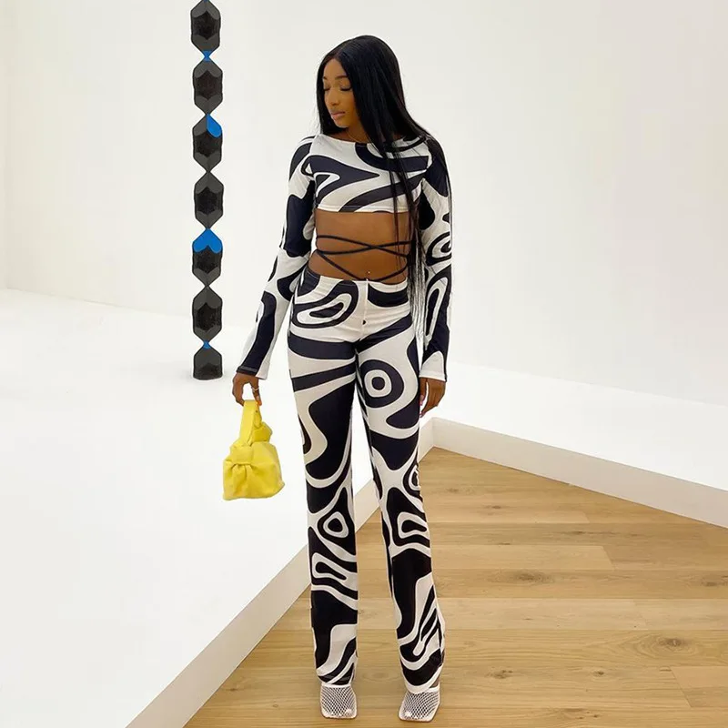 

New Sexy Halter Print Slim Long-sleeved T-shirt Casual Trousers Suit