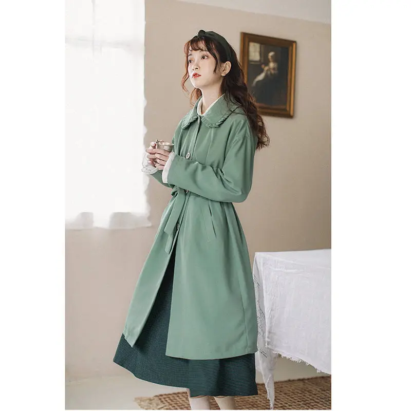 

Autumn women's lace doll bow bow tie with medium-length windcoat coat students trench coat for women womens coat
