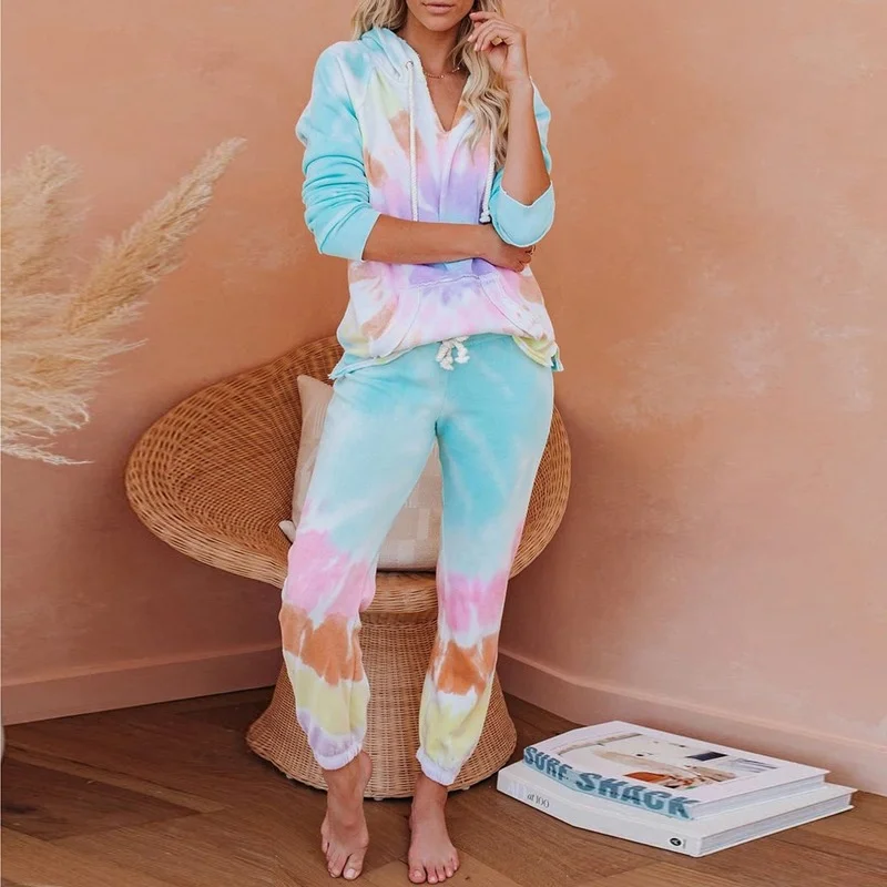 

2021 New European and American Gradient Color Pajamas Women's Long Printed Sleeve Pants Hooded Knitted Loungewear Suit Women's