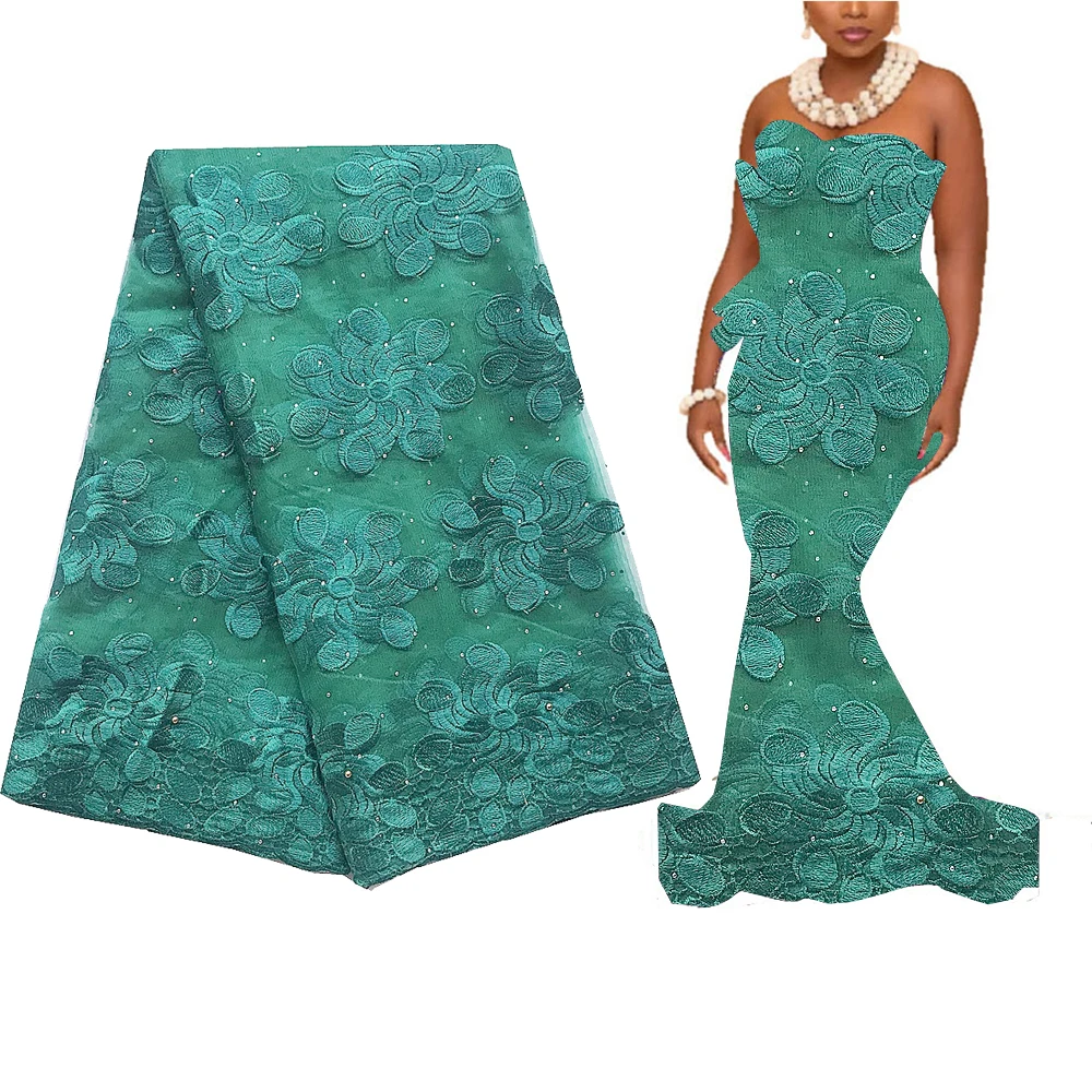 Вышивка швейцарская сетка гипюр кружевная ткань 2020 белая с камнями 5 ярдов синий