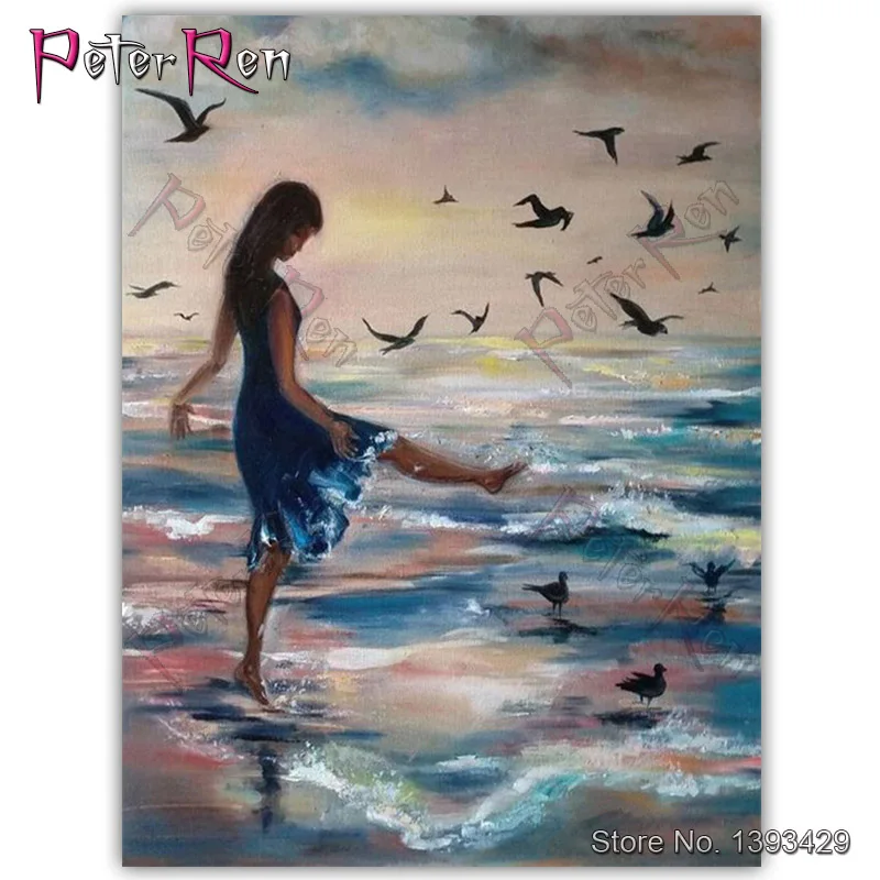 

Full circular Diy diamond painting girl on the sea all Square diamond embroidery Resin crystal cross stitch landscape home decor