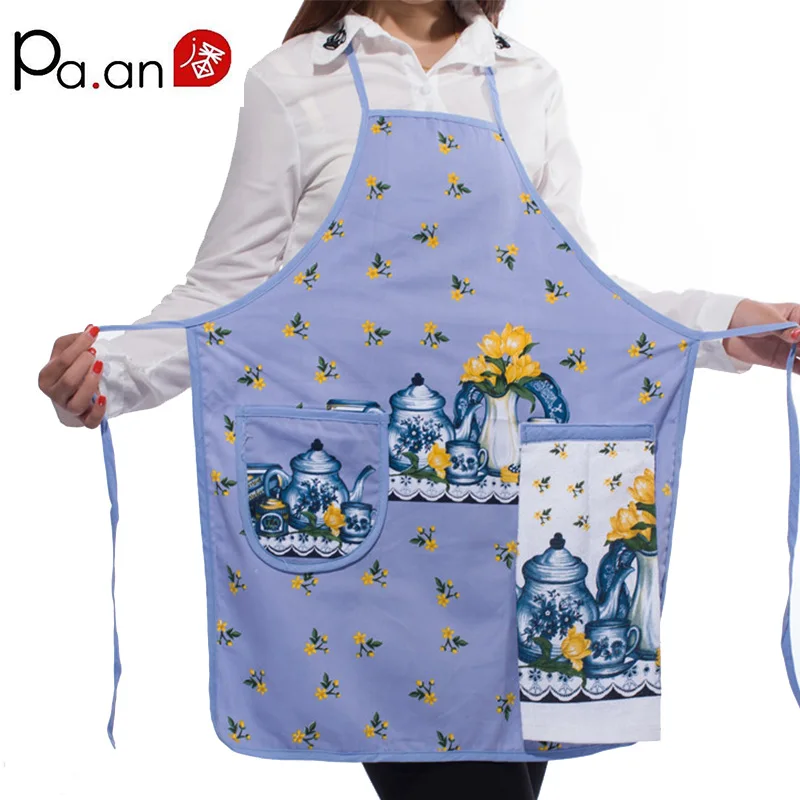 

Casual Home Kitchen Work Apron with Deep Pocket Towel Outside Anti-oil Cloth Inside Absorbent Towel Cute Pattern Women Aprons