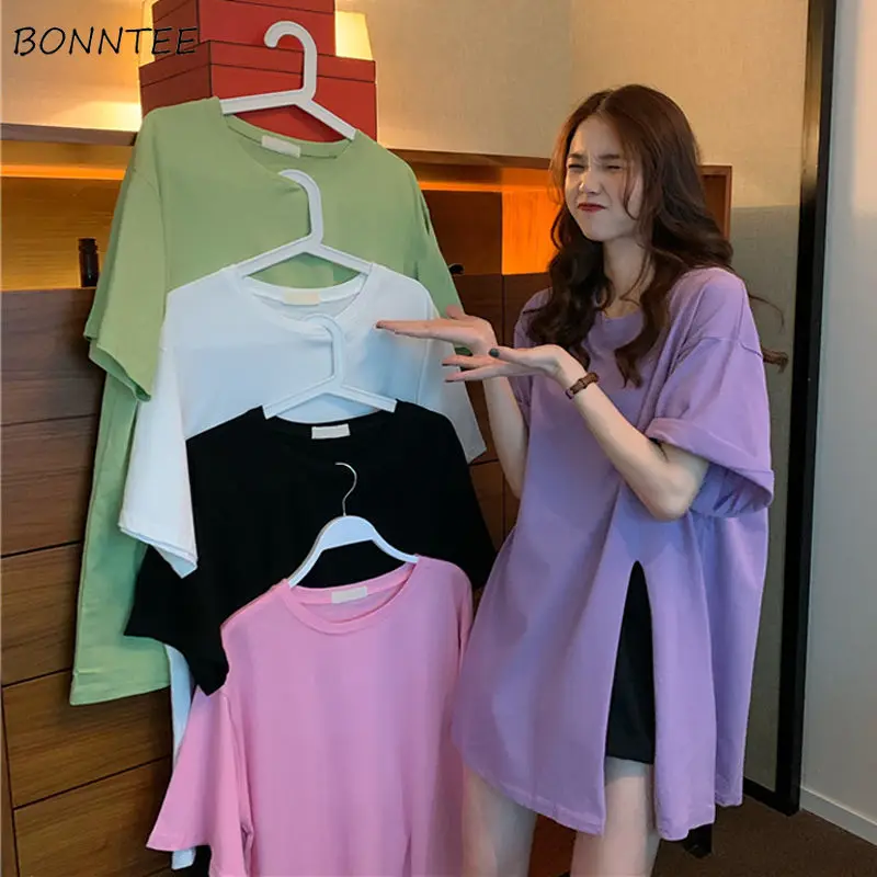 Women 5 Quarter Sleeve T-shirts Solid Simple Side-slit 2XL Baggy Elegant All-match Ulzzang Chic Hot Selling Summer Female Tops