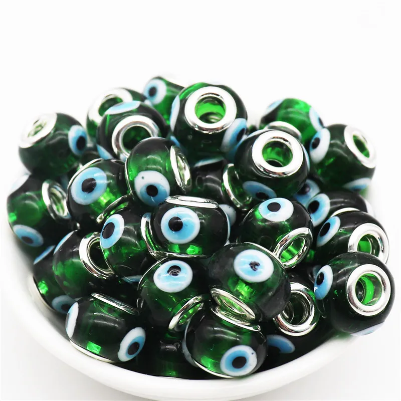 

10Pcs Large Hole Green Evil Eye European Lampwork Glass Beads Charms Fit Pandora Bracelet Bangle Necklace Women DIY Hair Jewelry