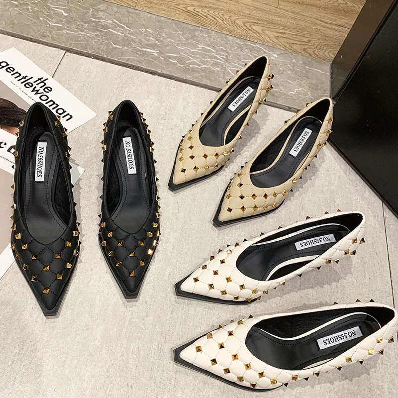 

Women New High Heels Pumps Shoes Autumn Pointed Toe Rivet Casual Shoes Fashion Female Thin Heels Party For Ladies 2021 Pumps