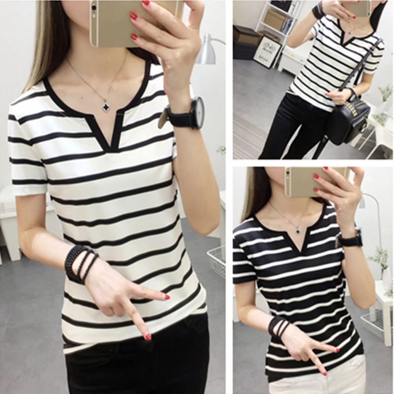 

Oversized Vogue Women's T-shirt V Neck Large Size Loose Striped Short Sleeve Bottoming Shirt Ladies Trendy Stretch Top Summer