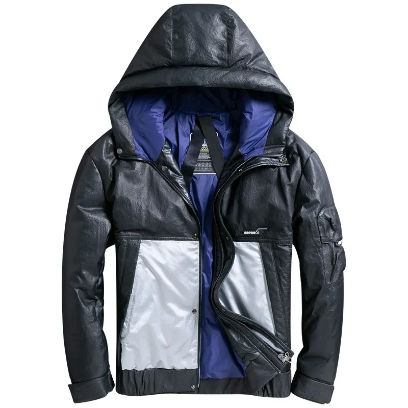 

Genuine Leather Fashion Light Mens Down Jacket Winter Warm Thick Hooded Outerwear Casual Patchwork Printing Sheepskin Cargo Coat