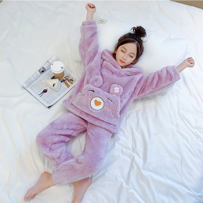 

Kids Pajamas Sets Girls Fall Winter Cartoon Big Pocket Pijamas Sleepwear Coral Velvet Pajamas Hooded Plush Soft Pyjamas 2021 New