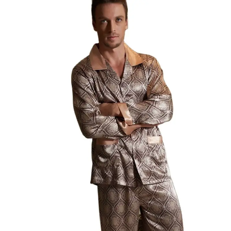 Пижама Мужская атласная шелковая одежда для сна пижамный комплект с длинным