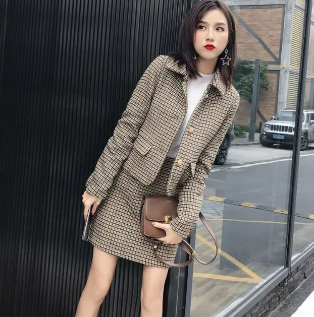 2019 корейский стиль Осень зима комплект из 2 предметов Женская куртка и юбка