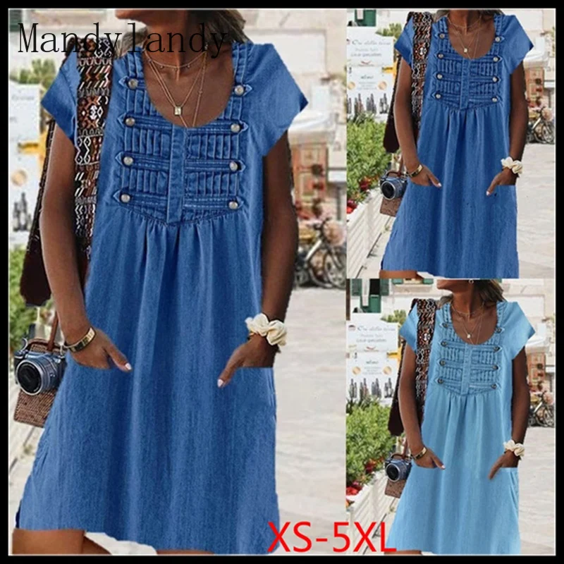 

Mandylandy Women's Fashion Casual Denim Blouses Denim Loose Short Sleeve Turn-down Collar Oversized Party Dresses