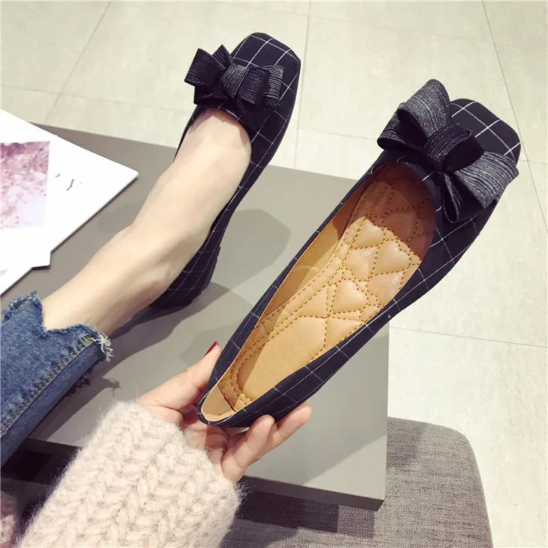 Балетки женские с бантом бабочкой универсальные квадратные лоферы в клетку