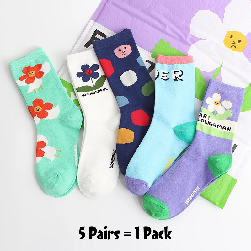 5 Pairs-14 5 пар Женские Мультяшные шикарные движения скейтборд хлопчатобумажные носки Улица Сезам длинные носки искусство женский персонаж милый хипстер Мода - Цвет: 5 Pairs-14