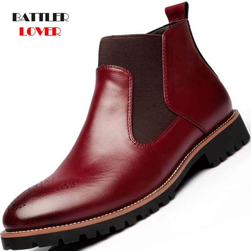 

Men Chelsea Dress Boots Slip-on Waterproof Ankle Boots Men's Brogue Fashion Boot Microfiber Genuine Leather Shoes Big Size 38-46