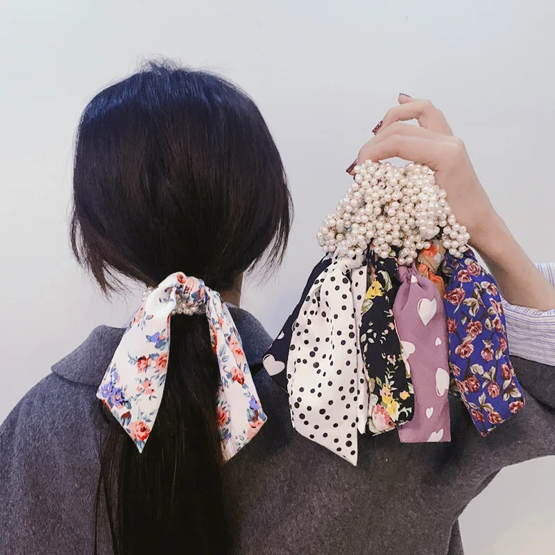 

Elegant Bowknot Long Streamer Scrunchies Fashion Sweet Hair Accessories Elastic Hair Band Pearl Ribbon Scrunchies For Girls
