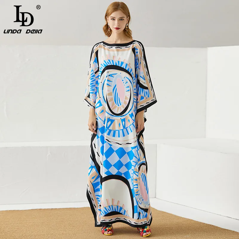 

LD LINDA DELLA Summer Women Loose Long Dress Runway Designer Ladies O-Neck Batwing sleeve Print Bohemian Holiday Maxi Dress