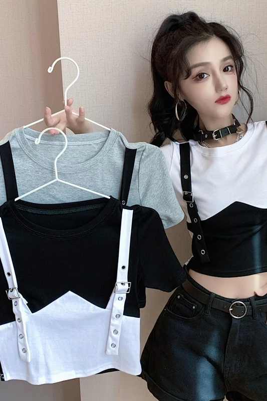 

High waist cropped top women summer 2021 new fake two-piece design niche tight-fitting t-shirt
